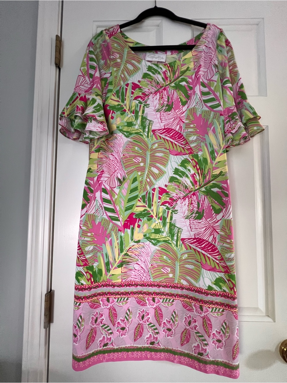 Papagallo Size Large Tropical Print Shift Dress in Pink & Green